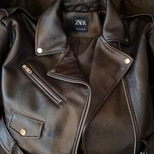 Zara Black Faux Leather Moto Jacket with Silver Hardware Accents